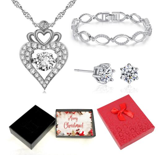 30 pcs - Love Heart Crystal Pendant Necklace Bangle Earrings Tri-Set With Christmas Gift Box - 10 Sets|GSV004GSVB061GCC070-XmasBox|UK SELLER