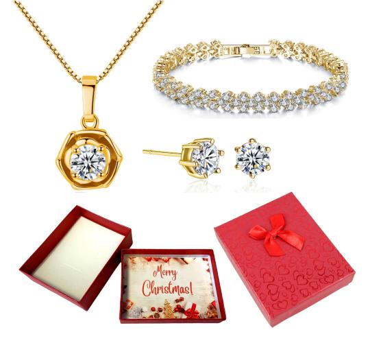 30 pcs - Classy Flower Zircon Crystals Pendant Necklace Earrings and Bracelet Gold Tone Tri-Set With Christmas Gift Box - 10 Sets|GSV004GCJ085GCC004-X