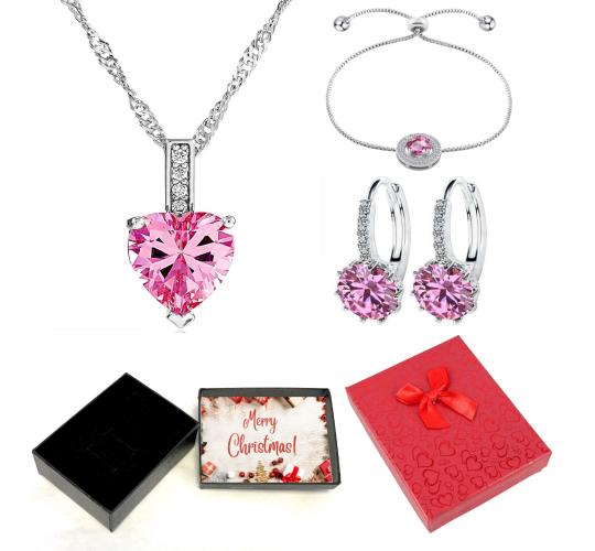 30 pcs - Crystal Pink Sapphire Pendant Necklace Bracelet and Earrings Tri-Set With Christmas Gift Box - Total 10 Sets with 10 Xmas Boxes|GCJ005GCJ024G