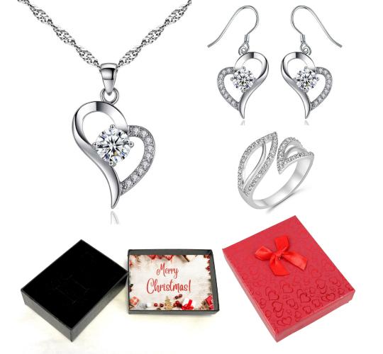 30 pcs - Premium Crystals Heart Pendant Necklace Earrings and Open Ring Tri-Set With Christmas Gift Box - Total 10 Sets with 10 Xmas Boxes|GSV009GCJ03