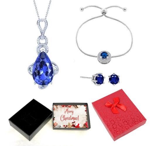 30 pcs - Blue Simulated Sapphire Teardrop Pendant Necklace Bracelet and Earrings Tri-Set With Christmas Gift Box - 10 Sets|GCJ019GCJ525GCC019-Blue-Xma