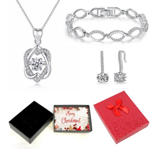 30 pcs - Two Love in One Pendant Zircon Crystals Necklace, Earrings and Bracelet Tri-Set With Christmas Gift Box - 10 Sets|GCJ021GSVB061GCJ220-XmasBox