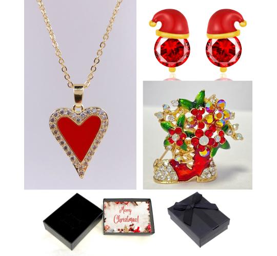 30 pcs - Santa Hat Red Crystal Earrings, Acrylic Heart Pendant Necklace and Stocking Boot Flower Brooch Tri-Set with Christmas Gift Box - 10 Sets|GCJ1