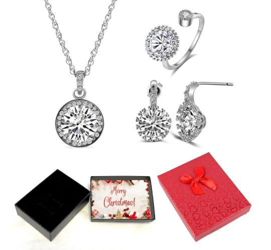 30 pcs - Halo Crystal Pendant Necklace Earrings Ring Tri-Set With Christmas Gift Box - 10 Sets|GCJ142GCJ546GCC060-XmasBox|UK SELLER