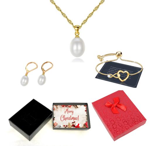 30 pcs - Freshwater Pearl Pendant Necklace Gold Tone Bracelet Earrings Tri-Set With Christmas Message Box - 10 Sets|GCJ188GCJ222GCJ236-XmasBox|UK SELL