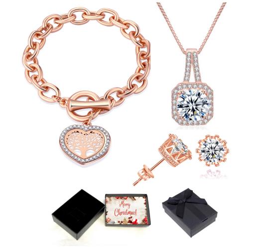 30 pcs - Crystal Rose Gold Halo Square Pendant Necklace, Tree of life Heart Bracelet And Crown Design Stud Earrings Tri-Set With Christmas Message Box