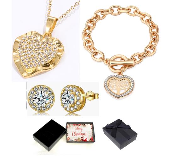 30 pcs - Gold Tone Crystal Filled Heart Shape Pendant Necklace, Tree of life Heart Bracelet and Halo Stud Round Earrings Tri-Set With Christmas Messag