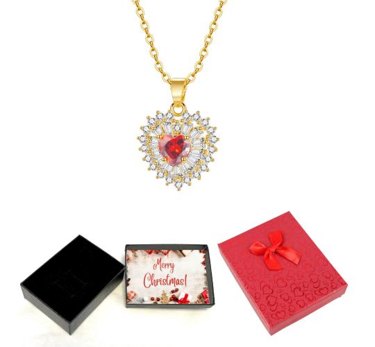 10 pcs - Red Ruby Zircon Crystals Love Heart-Shaped Gold Tone Pendant Necklace With Christmas Gift Box|GCJ293-XmasBox|UK SELLER
