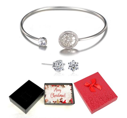 20 pcs - Silver Tone Tree Of Life Crystal Adjustable Bangle and Solitaire Zircon Crystal Earrings Set With Christmas Message Box -10 Sets|GSV004GCC011
