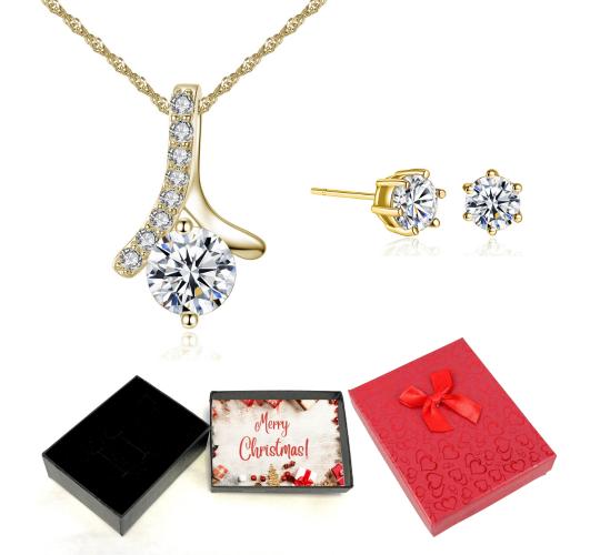 20 pcs - Solitaire Zircon Crystal Pendant Necklace Earrings Gold Tone Set With Christmas Message Box -10 Sets|GSV004GCC059-Gold-XmasBox|UK SELLER
