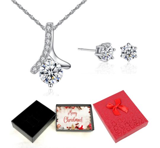 20 pcs - Solitaire Zircon Crystal Pendant Necklace Earrings Silver Set With Christmas Message Box -10 Sets|GSV004GCC059-Silver-XmasBox|UK SELLER
