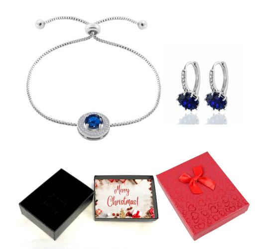 20 pcs - Blue Crystal Adjustable Bracelet and Earrings set with Christmas Message Box -10 Sets|GCJ005GCJ525-Blue-XmasBox|UK SELLER