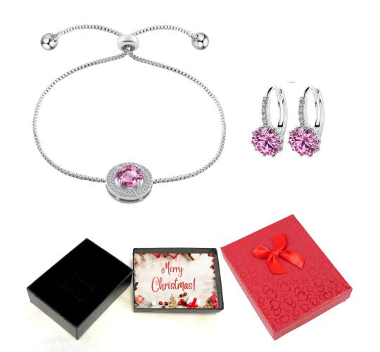 20 pcs - Pink Crystal Adjustable Bracelet and Earrings set with Christmas Message Box -10 Sets|GCJ005GCJ525-Pink-XmasBox|UK SELLER