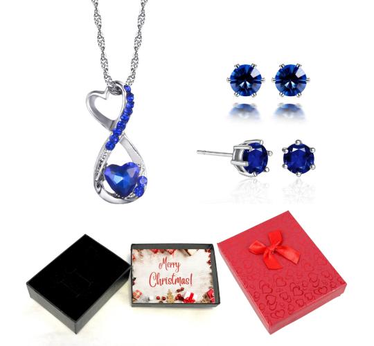 20 pcs - Blue Crystal Love Heart Figure 8 Necklace and Cubic Zirconia Stud Earrings Set With Christmas Message Box -10 Sets|GCJ019GCC096-Blue-XmasBox|