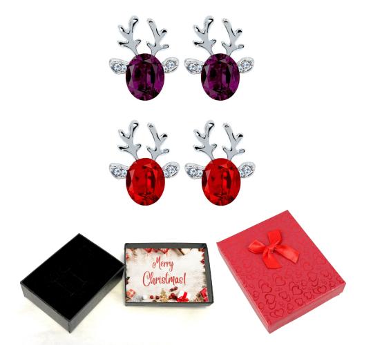 20 pcs - Two Pairs of Christmas Reindeer Crystal Earrings – Purple, With Christmas Message Box -10 Sets|GCJ079-2Pairs-Xmasbox|UK SELLER