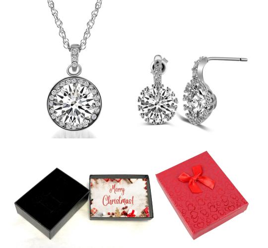 20 pcs - Classy Round Silver Zircon Crystals Pendant Necklace and Stud Earrings Set With Christmas Message Box -10 Sets|GCJ142GCC060-XmasBox|UK SELLER