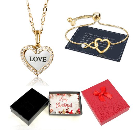 20 pcs - Gold Crystal Open Love Heart Engraved Pendant Necklace and Bracelet Set With Christmas Message Box -10 Sets|GCJ188GCC100-Gold-XmasBox|UK SELL