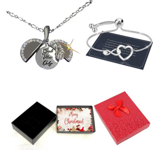 20 pcs - Feather Open Pendant with Message & Heart Bracelet in Silver Set With Christmas Message Box -10 Sets|GCJ188GCC101-Silver-XmasBox|UK SELLER