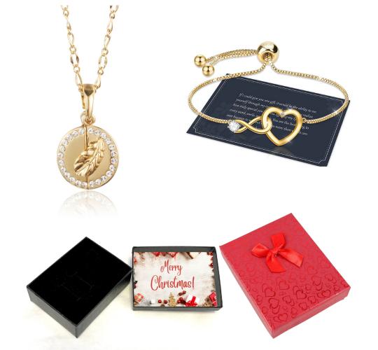 20 pcs - Feather Open Pendant with Message & Heart Bracelet Set in Gold With Christmas Message Box -10 Sets|GCJ188GCC101-Gold-XmasBox|UK SELLER