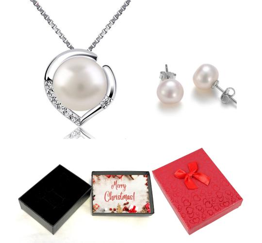 20 pcs - Pearl Heart Crystal Silver Tone Pendant Necklace and Earrings Set with Christmas Message Box -10 Sets|GCJ231GCJ543-XmasBox|UK SELLER