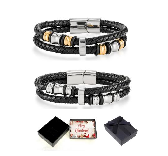 10 pcs - Stylish Men’s Genuine Leather Bracelet In Silver and Gold With Christmas Box - 2 Colours - 5pcs Each Colour|GCJ035GCJ037-Xmasbox|UK SELLER