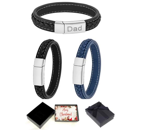 10 pcs - Men’s Genuine Flat Leather Bracelet With Christmas Box - Random Colours|GCJ043-Black/Blue/Dad-Xmasbox|UK SELLER