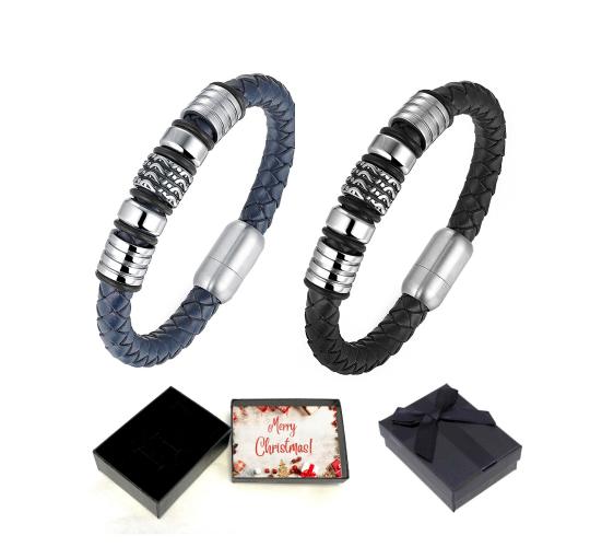 10 pcs - Men’s Genuine “HONOUR” Bracelet in Blue or Black Leather with Titanium Beads With Christmas Box - 2 Colours - 5 Each Colour|GCJ044-Blue