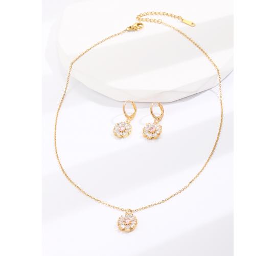20 pcs - Flower Zircon Crystals Necklace and Huggies Earring Gold Tone 2 Pcs Jewellery Set - 10 Sets|GCJ385|UK SELLER