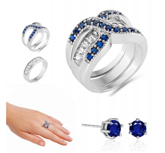 30 pcs - 2 in 1 Blue Crystal Double Infinity Ring and Brilliant Cut Stud Earrings Set - 10 Sets - Random Size|GCJ038+GCJ019|UK SELLER