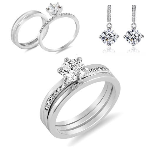 30 pcs - Brilliant Cut Eternity Double Ring and Classy Drop Earrings Set - 10 Sets - Random Size|GCJ040+GSVE053|UK SELLER