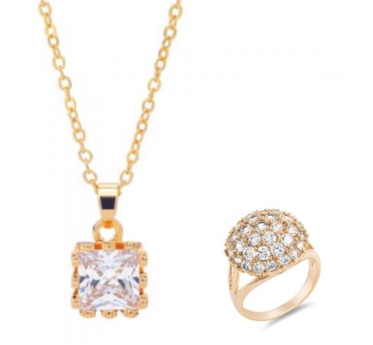 20 pcs - Gold Tone Solitaire Crystal Pendant Necklace and Cluster Round Clear Crystal Ring Set - 10 Sets - Random Size|GCJ041+GCC104-Random|UK SELLER