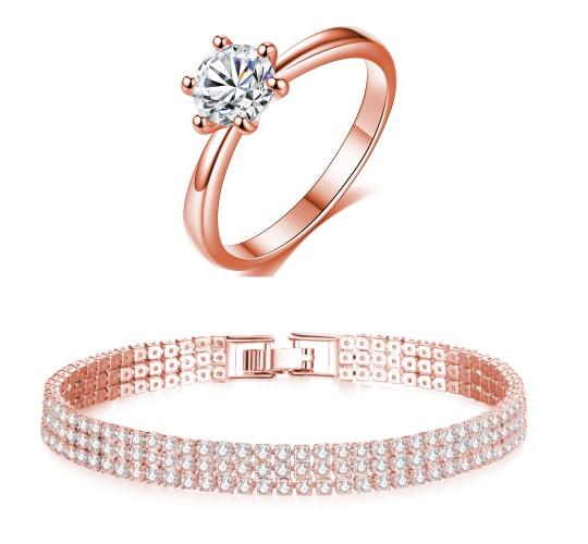 20 pcs - Rose Gold Ring with Clear Crystal and Three-Row Rose Gold Bangle Set - 10 Sets - Random Size|GCJ144+GCJ150-Rosegold-Random|UK SELLER