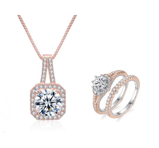 20 pcs - Classy Princess Halo Rose Gold Crystal Pendant Necklace and Double Ring Set - 10 Sets - Random Size|GCJ146+GCC062-Random|UK SELLER