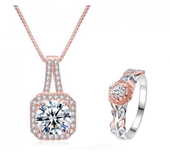 20 pcs - Classy Halo Rose gold Crystal Pendant and Flower Ring Set - 10 Sets - Random Size|GCJR077+GCC062-Random|UK SELLER