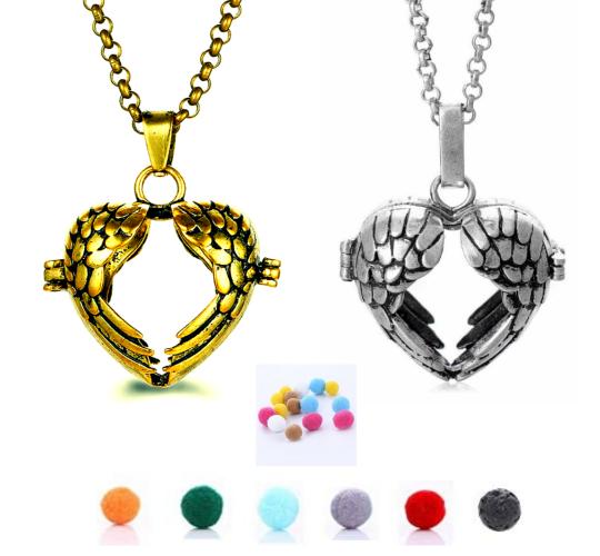 10 pcs - Aroma Diffuser Essential Oil Aromatherapy Heart Angel Wings Locket Pendant Necklace - 2 Colours - 5 Each Colour|GCC114-Gold/Silver|UK SELLER