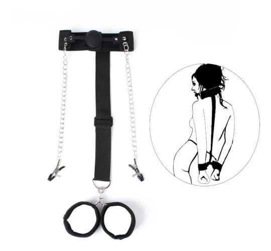5pcs - All In One Bondage Harness With Handcuffs Restraints Silicone Ball Gag Nipple Clamp|GCSM034|UK SELLER
