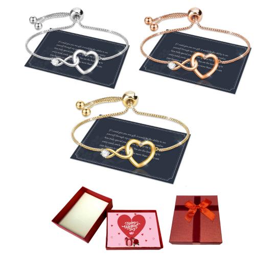 10 pcs - Exquisite Women Adjustable Infinity Heart Bracelet in Silver/Gold/Rosegold Tone with Valentine Gift Box - Mixed Colour|GCJ188-Silver/Gold/Ros