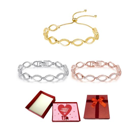 10 pcs - Multi-linked Infinity Bracelet with Premium Crystal With Valentine Gift Box - Mixed Colour|GSVB061-Plain-Silver/Gold/Rosegold-Valentine Box|U