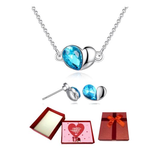 20 pcs - Heart Necklace Earrings Set with Turquoise Crystal With Valentine Message Box - 10 Sets|GSVSET059-2pc-Valentine Box|UK SELLER