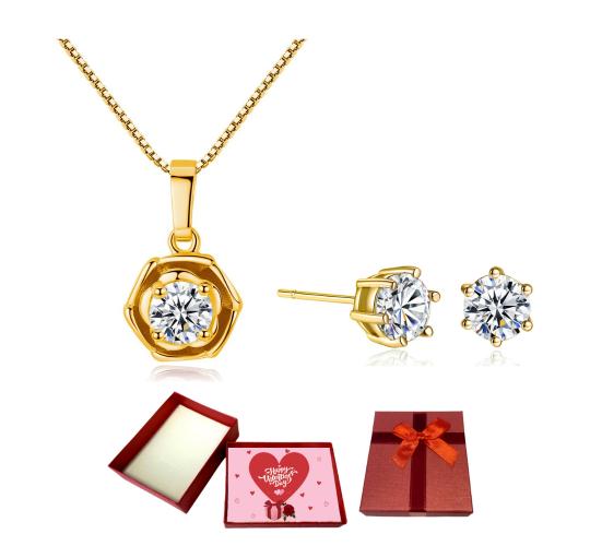20 pcs - Classy Flower Zircon Crystals Pendant Necklace And Earrings In Gold Tone Set With Valentine Message Box - 10 Sets|GCJ085+GSV004-Gold-Valentin