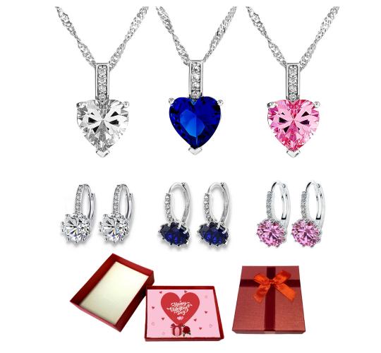 20 pcs - Crystal Simulated Sapphire Pendant Necklace and Earrings Set With Valentine Gift Box - 10 Sets Mixed|GCJ005GCJ024-Clear/Blue/Pink-Valentine B