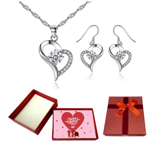 20 pcs - Heart Shaped Pendant Necklace & Earrings with Premium Crystals With Valentine Gift Box - 10 Sets|GSV009-Valentine Box|UK SELLER