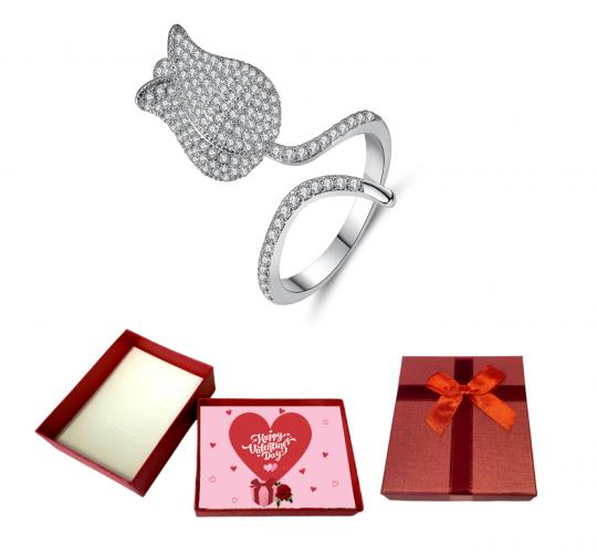 10 pcs - Sparkling Tulip Open Ring With Valentine Gift Box|GCJ124-Valentine Box|UK SELLER