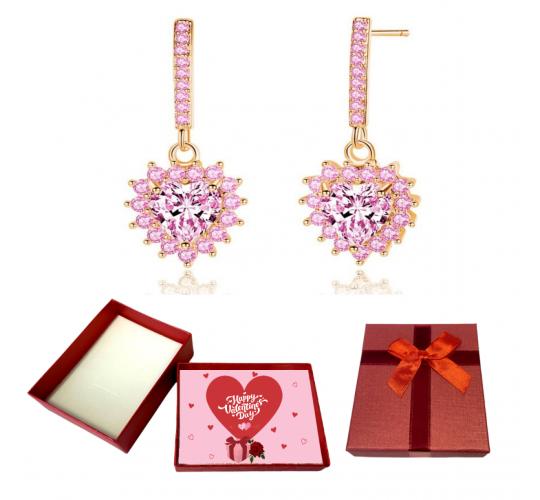 10 pcs - Heart Drop Earrings with Pink Cubic Zirconia Crystals With Valentine Gift Box|GCJ136-Valentine Box|UK SELLER