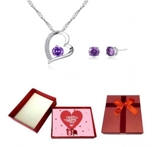 20 pcs - Purple Heart Zircon Crystals Pendant Necklace & Earrings Set With Valentine Gift Box - 10 Sets|GCJ155-Set-Valentine Box|UK SELLER