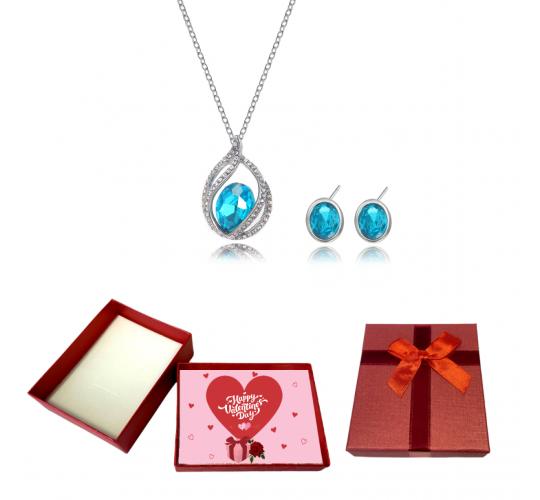 20 pcs - Sparkling Aqua Teardrop Pendant Necklace & Earrings Set With Valentine Gift Box - 10 Sets|GCJ165-Set -Valentine Box|UK SELLER
