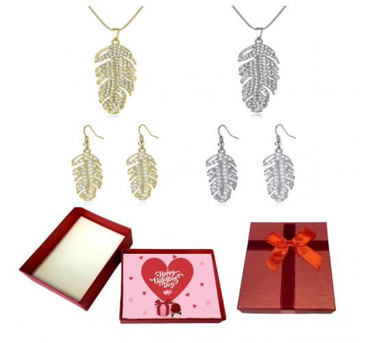 20 pcs - Gold and Silver Feathers Necklace and Earrings Set With Valentine Gift Box - 10 Sets Mixed|GCJ182-Gold/Silver-Valentine Box|UK SELLER