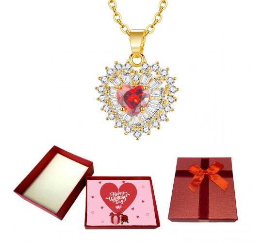 10 pcs - Red Ruby Zircon Crystals Love Heart-Shaped Gold Tone Pendant Necklace With Valentine Gift Box|GCJ293-Valentine Box|UK SELLER