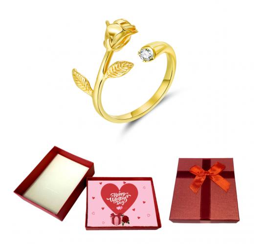 10 pcs - Golden Rose Flower with Zirconia Crystal Open Ring Adjustable With Valentine Gift Box|GCJ333-Valentine Box|UK SELLER