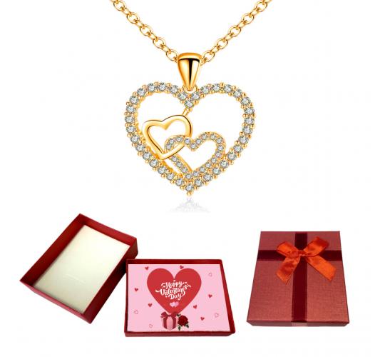 10 pcs - Double Heart Zircon Crystals Love Gold Tone Pendant Necklace With Valentine Gift Box|GCJ338-Valentine Box|UK SELLER